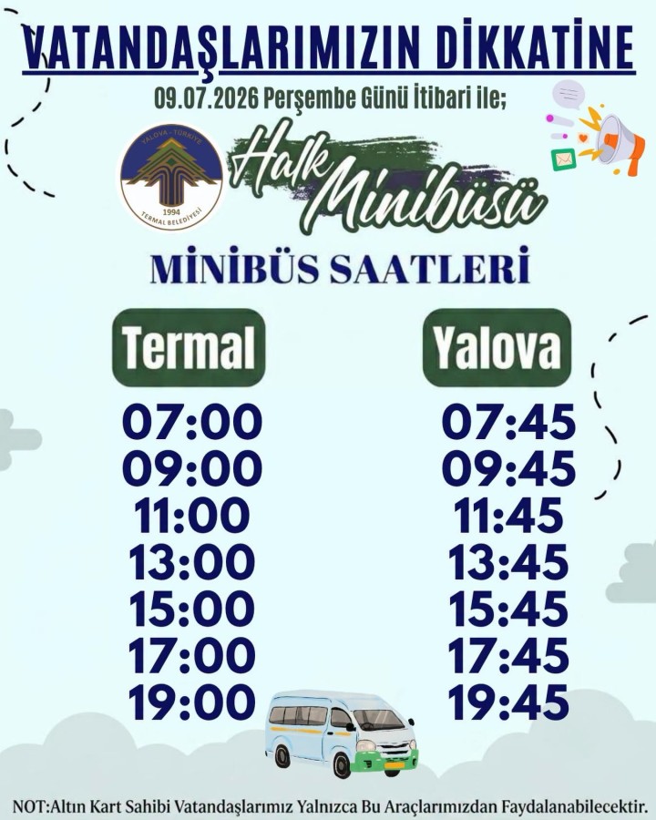 TERMAL BELEDİYESİ HALK MİNİBÜSÜ SEFER SAATLERİ